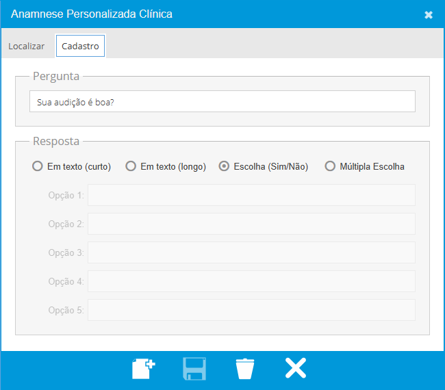 Cadastro de Perguntas para Anamnese Clínica