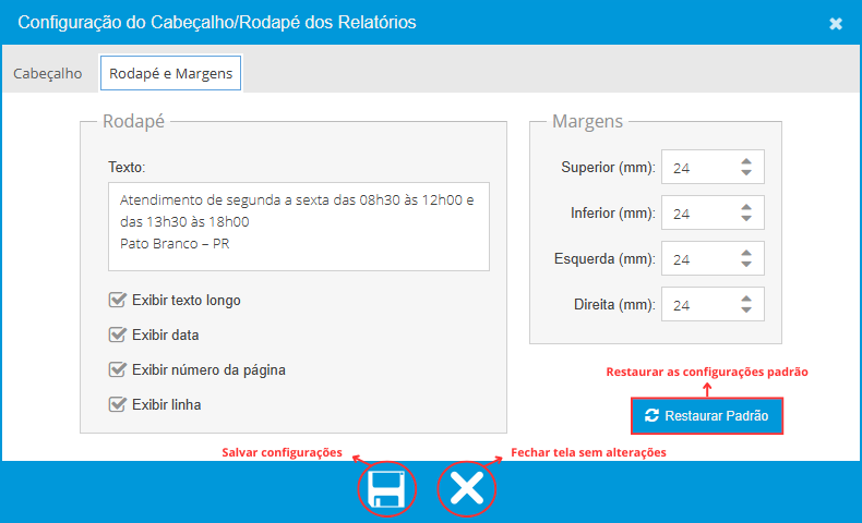 Configurações do Rodapé