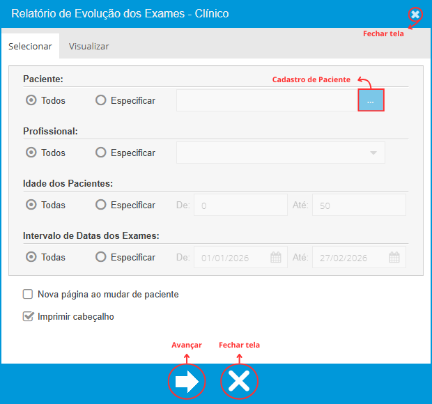 Aba Selecionar - Evolução Exames Clínicos