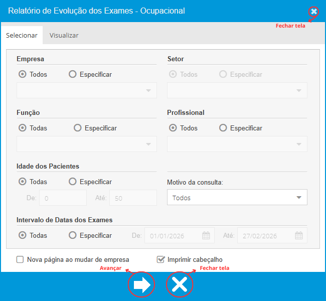 Aba Selecionar - Evolução Exames Ocupacionais