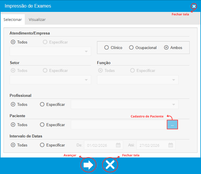 Aba Selecionar - Relatório de Exames com Filtro